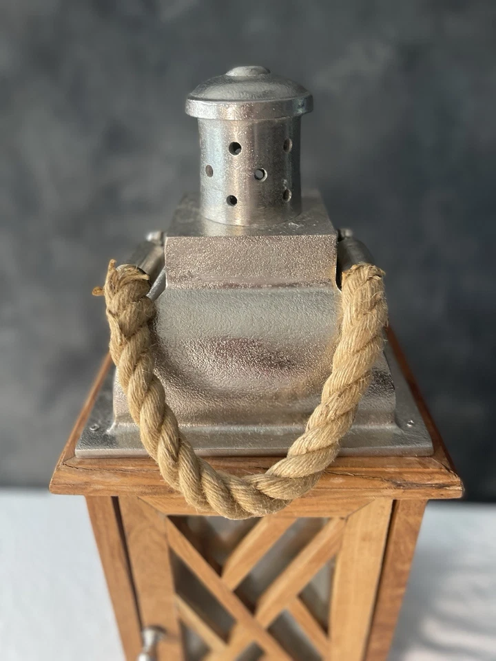 Rustic Farmhouse Wood & Metal Lantern with Rope Handle | 20” Tall Candle Holder - Image 3 of 4
