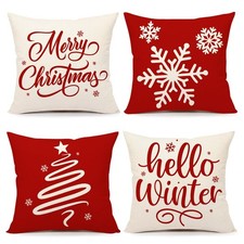 Red Christmas Pillow Covers 18x18 Set of 4 Farmhouse Xmas Decorations Snowfla...