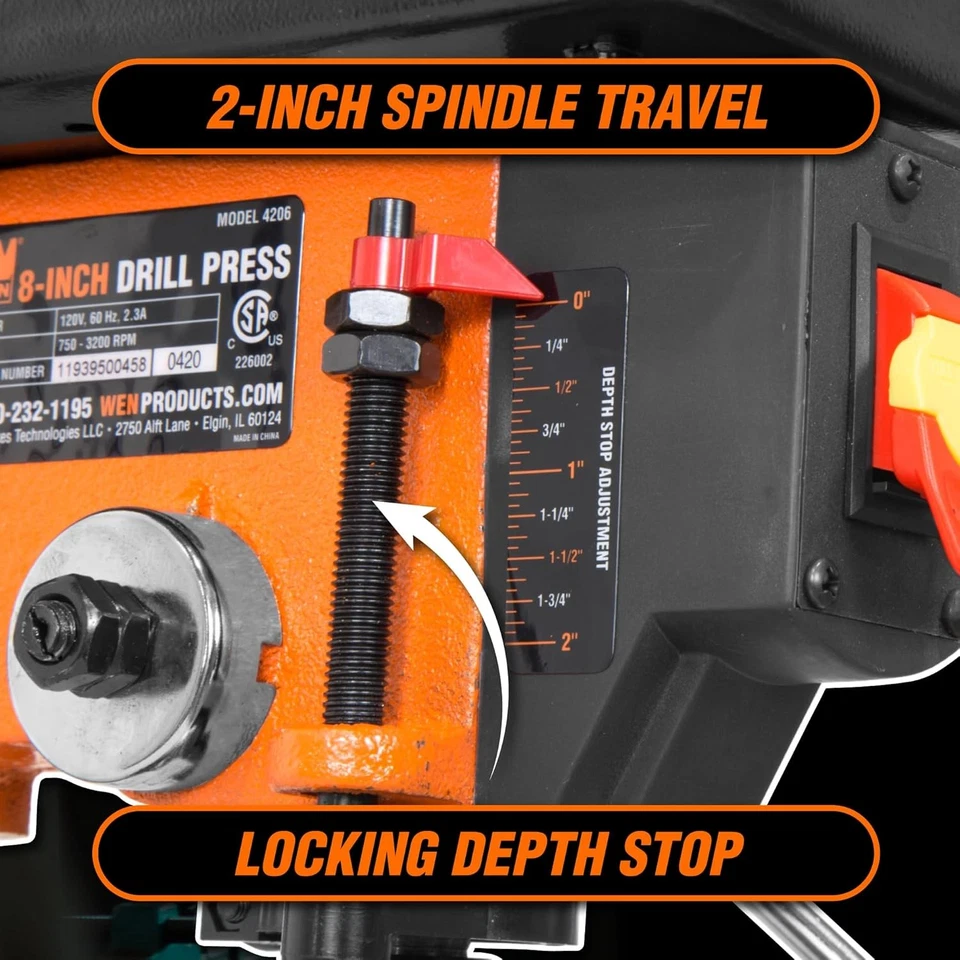 Prensa de taladro de sobremesa de hierro fundido WEN 2,3 amperios 8 pulgadas 5 velocidades (4206T) negra, naranja Foto 3 de 4