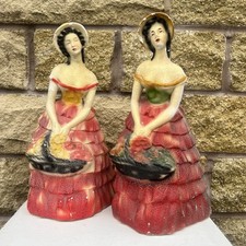 1960's Chalkware Plaster Crinoline Ladies Figurines Pair of Vintage Art Deco X2
