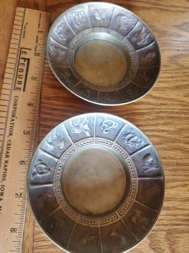 2 Vintage Brass Zodiac Astrology Horoscope Ash Trays Bowls/Incense Dishes 4 1/4" - Picture 1 of 4
