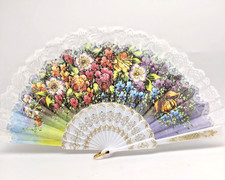 Vintage Spanish Hand Painted Folding Fan Plastic Floral Lace Signed 17"