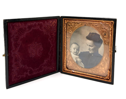 Antike Ambrotypie ? Bilderkoffer 1850er Jahre Baby & Mutter