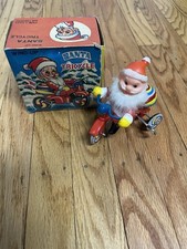 Vtg 60s Christmas Santa Tricycle Wind Up Tin Toy Box Mechanical Bell Korea SU