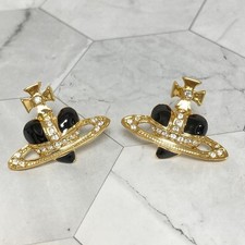 Vivienne Westwood Diamante Black Heart Orb Earrings Gold with drawstring