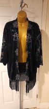 Monsoon Velvet  Floral Black Fringe Tassel Trim Kimono Jacket M