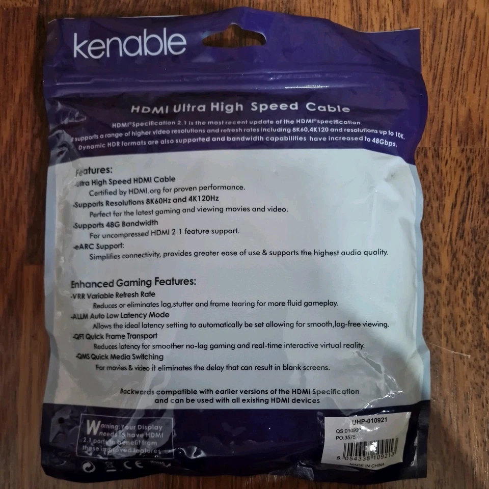 Kenable 010920 1m HDMI Cable 2.1 - Gold-Plated BNIP - Image 2 of 3