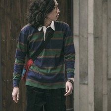 Men's Polo Collar Stripes T-shirt Retro Long Sleeve