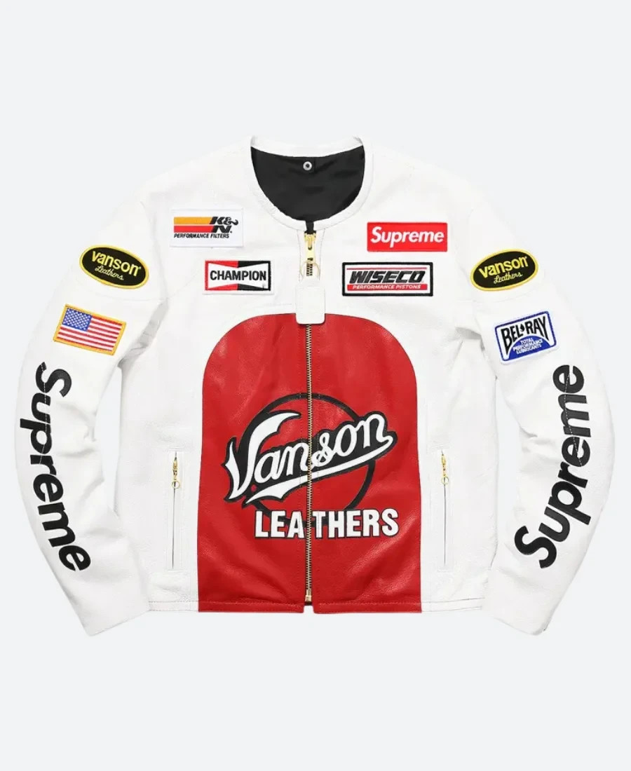 Vanson Leathers White Red Racing Jacket Castrol Champion Patch Biker Moto Jack
