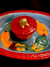 Vintage Gibson Fish Ceramic Chip and Dip Serving Bowl with Covered Frog Dip Bowl