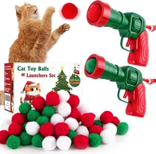 Cat Toy Set (2+60) - Pom Balls & Launchers, 2 launcher & 60 balls, RED 