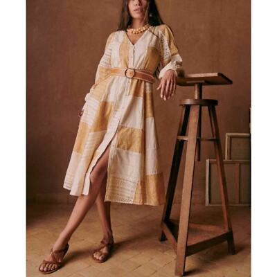 Sezane Matissa Patchwork Embroidery Midi Dress Size US 4