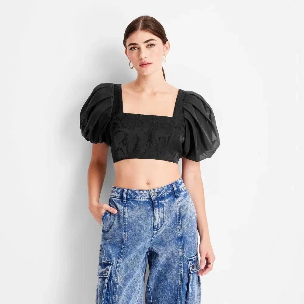 Future Collective Puff Short Sleeve Organza Crop Top Black Size 0