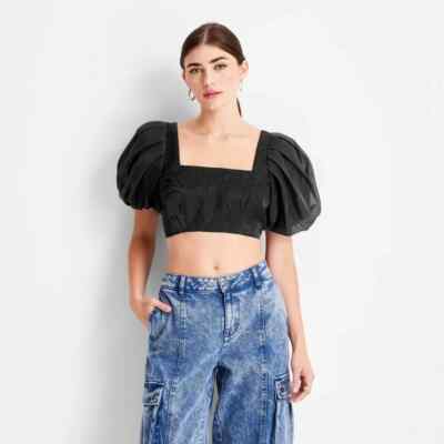 Future Collective Puff Short Sleeve Organza Crop Top Black Size 0
