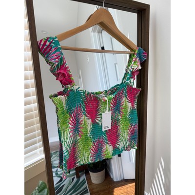 New Rose + Olive Smocked Crop Top Travel Tropical Palm Print Ruffle Strap XL