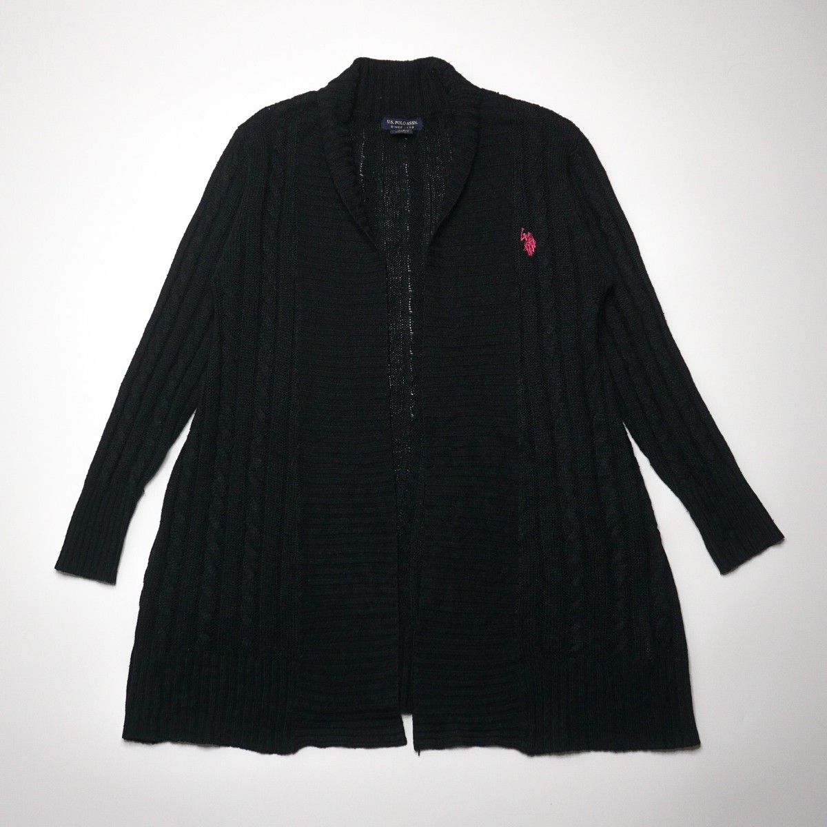 US Polo Assn Womens Black Cable Knitted Cotton Blend Cardigan Small UK 10