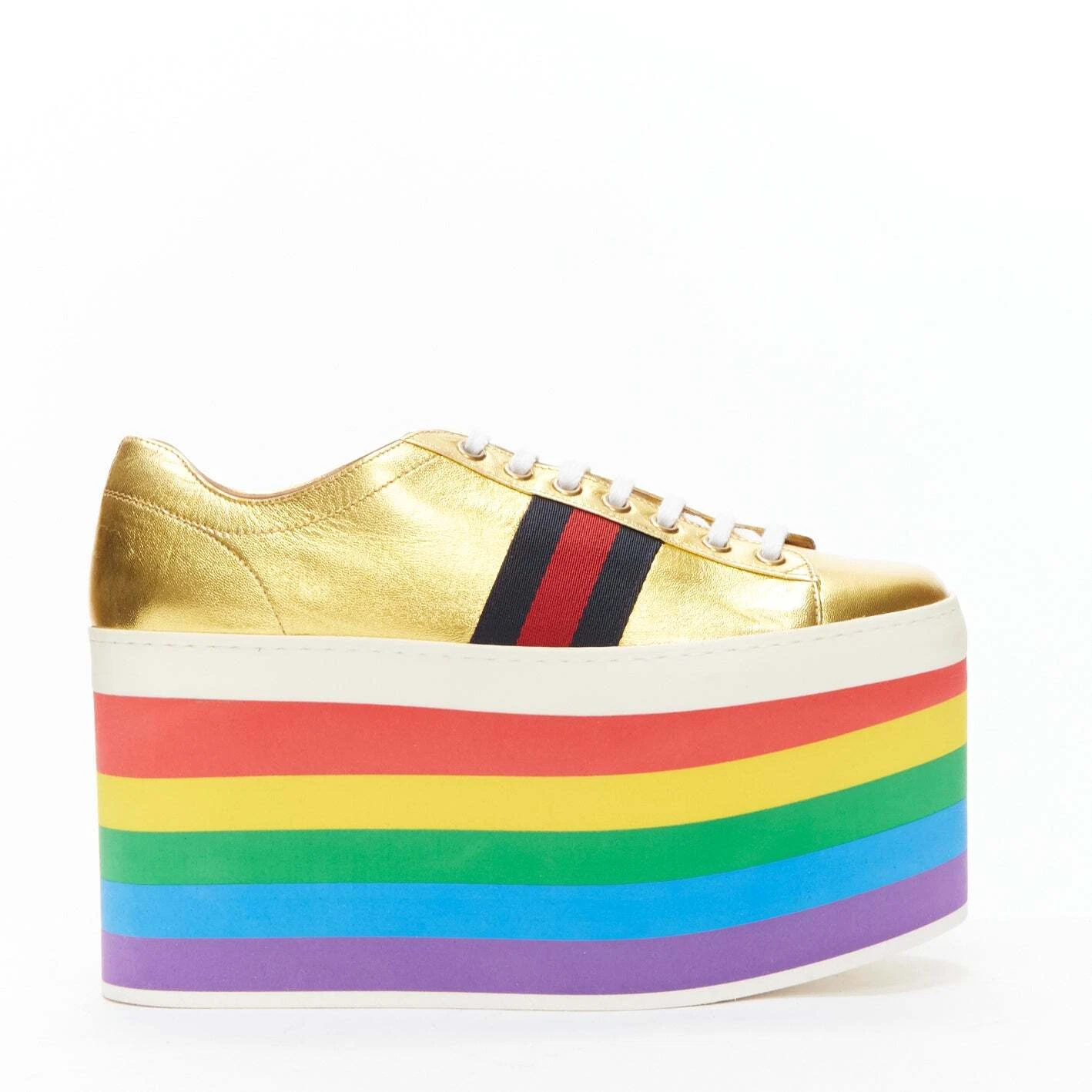 Baskets plateforme toile dorée arc en ciel GUCCI Alessandro Michele Peggy EU37,5