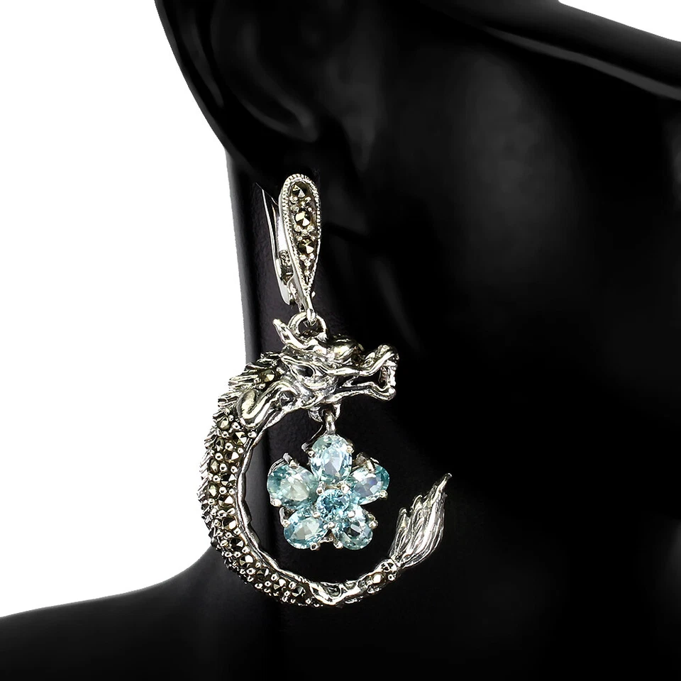 925 Orecchini Argento Sterling Ovale Zircone Marcasite Naturale Gemma Gioielli - Immagine 2 di 4