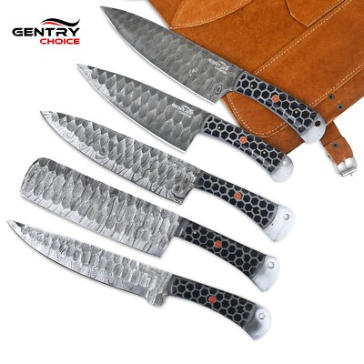 5Piece DamascusKitchen Knives Set Black Resin Handle & Leather Sheath Chef Knife
