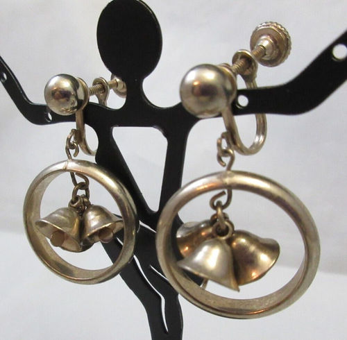 Vintage Antique? Dangle Bells in a Hoop Screw Back Earrings Pale Gold Tone - Picture 3 of 11