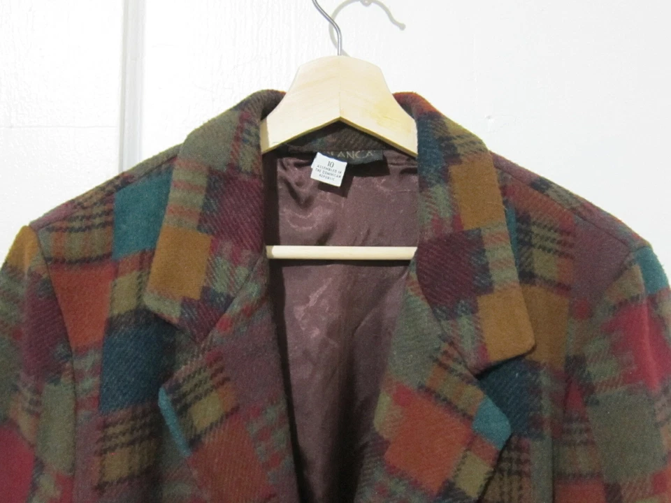 90s Vtg Casablanca Brown Multi-color Plaid Jacket Wool Blend L/S Women's Sz 10 - Image 4 of 4