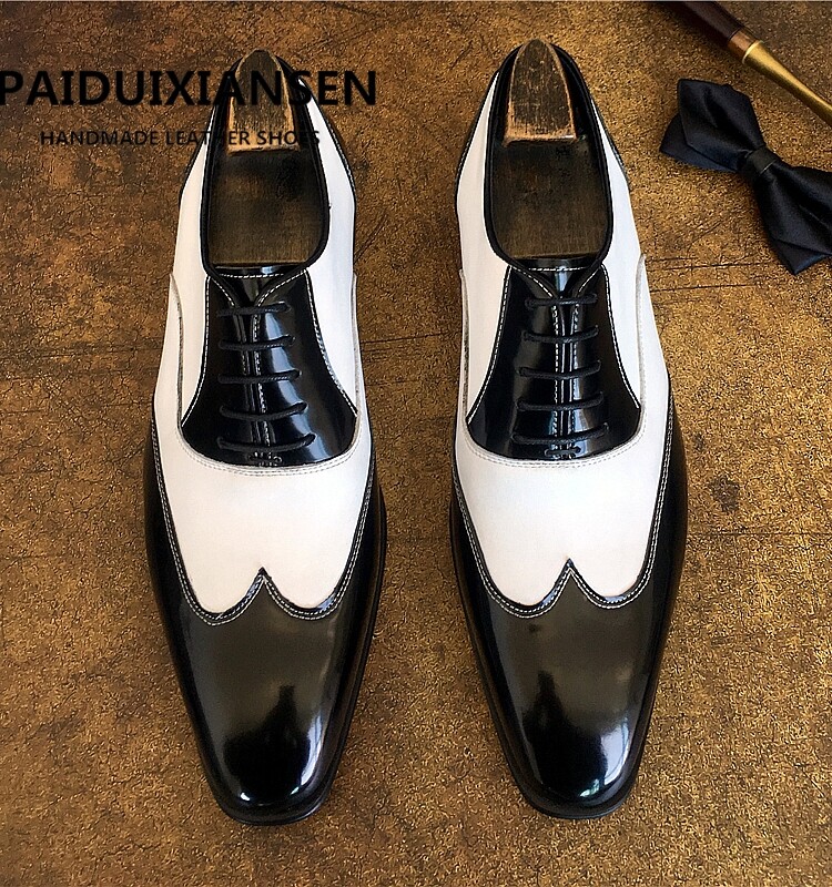 SAOLA Scarpe eleganti formali uomo inglesi vera pelle verniciata stringate punta ala bianco nero