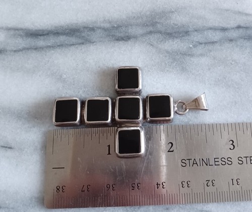 Vintage Mens Large Onyx Geometric Cross Pendant 925 Sterling Silver Heavy Vtg - Picture 5 of 5
