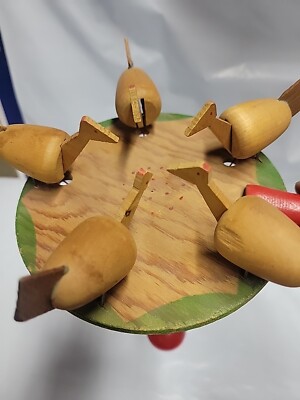 Vintage Handmade Pecking Chicken Paddle Toy Wood Carved Chickens