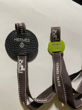 HERMES PETIT H Round black and green leather CHARM with fabric logo ribbon