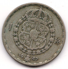 Sweden 1Kr  1947 1 Krona Gustaf V Sveriges Konung as shown