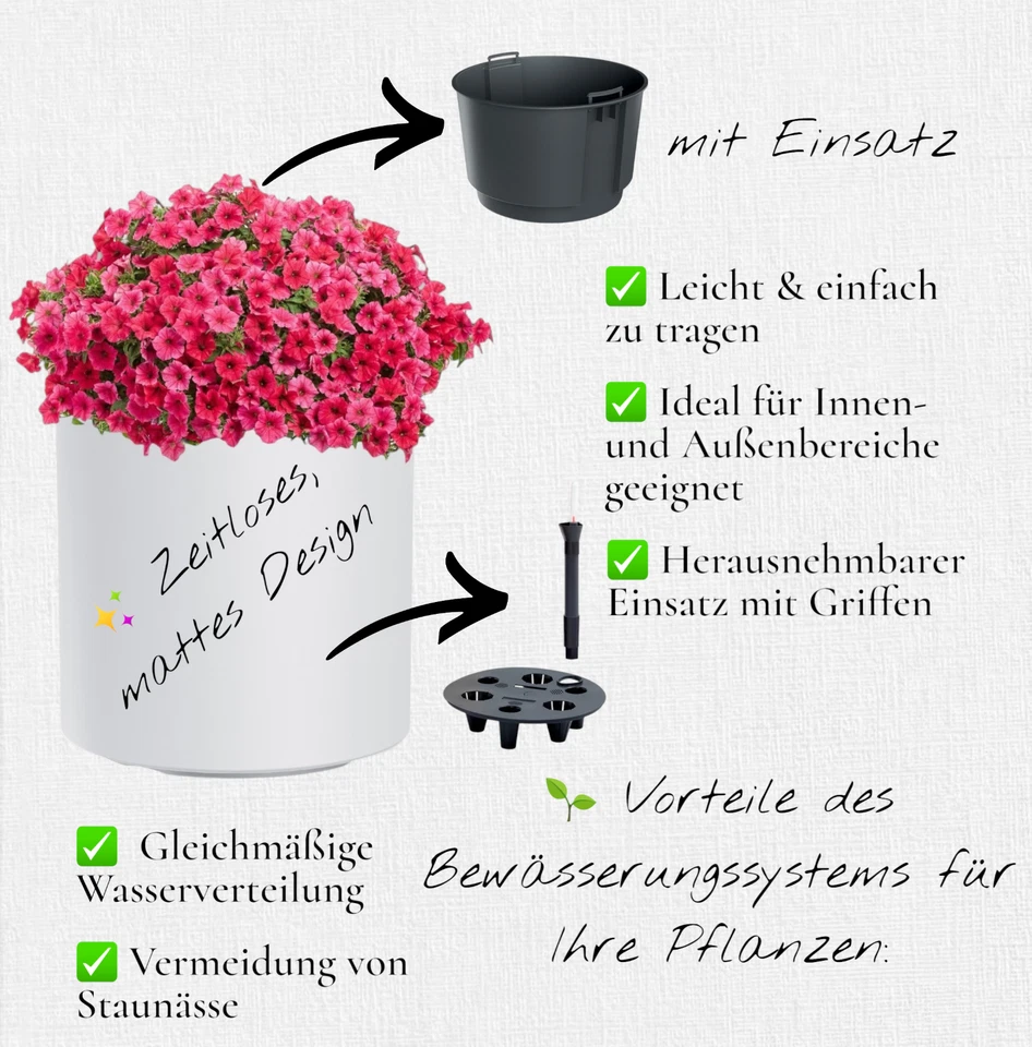 Blumenkübel Blumentopf mit Bewässerungssystem Einsatz Rund MATT | Weiß| XXL - Bild 2 von 3