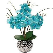 Artificial Orchids 20 Inch Teal Blue Faux Silver Vase Phalaenopsis Decor Silk