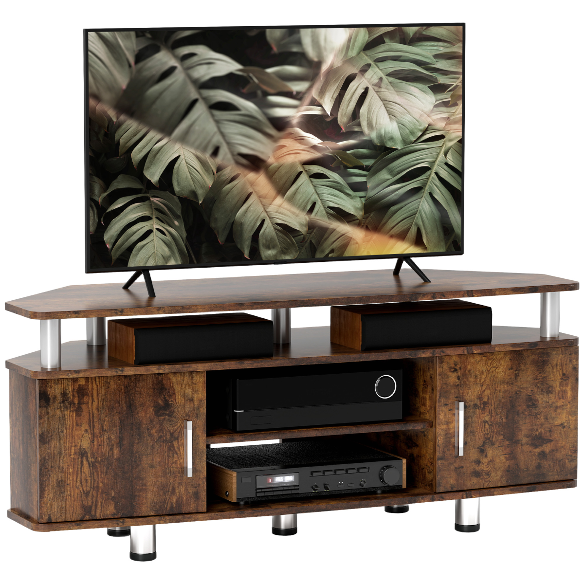 Rackhams Brown Tv Unit Cabinet For Tvs Up To 55 Inches With Storage Shelves And Cupboard, Entertainment Centre For Living Room, Rustic - Rustic - Image 2