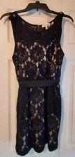 Monteau Black Lace Over Beige Sheath Dress Size L Sleeveless Belted Dark Fairy