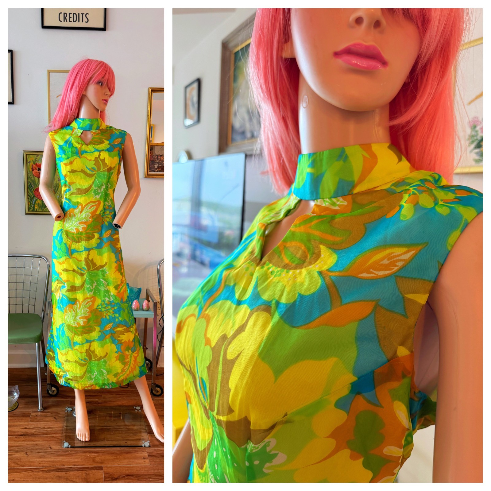 🌼 Vtg 60s Psychedelic Neon Floral Mod Hostess Maxi Dress Boho L XL Dress