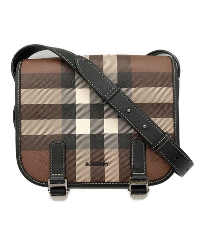 Burberry Check Leather Shoulder Bag Brown Women Multi Pocket Authent ic