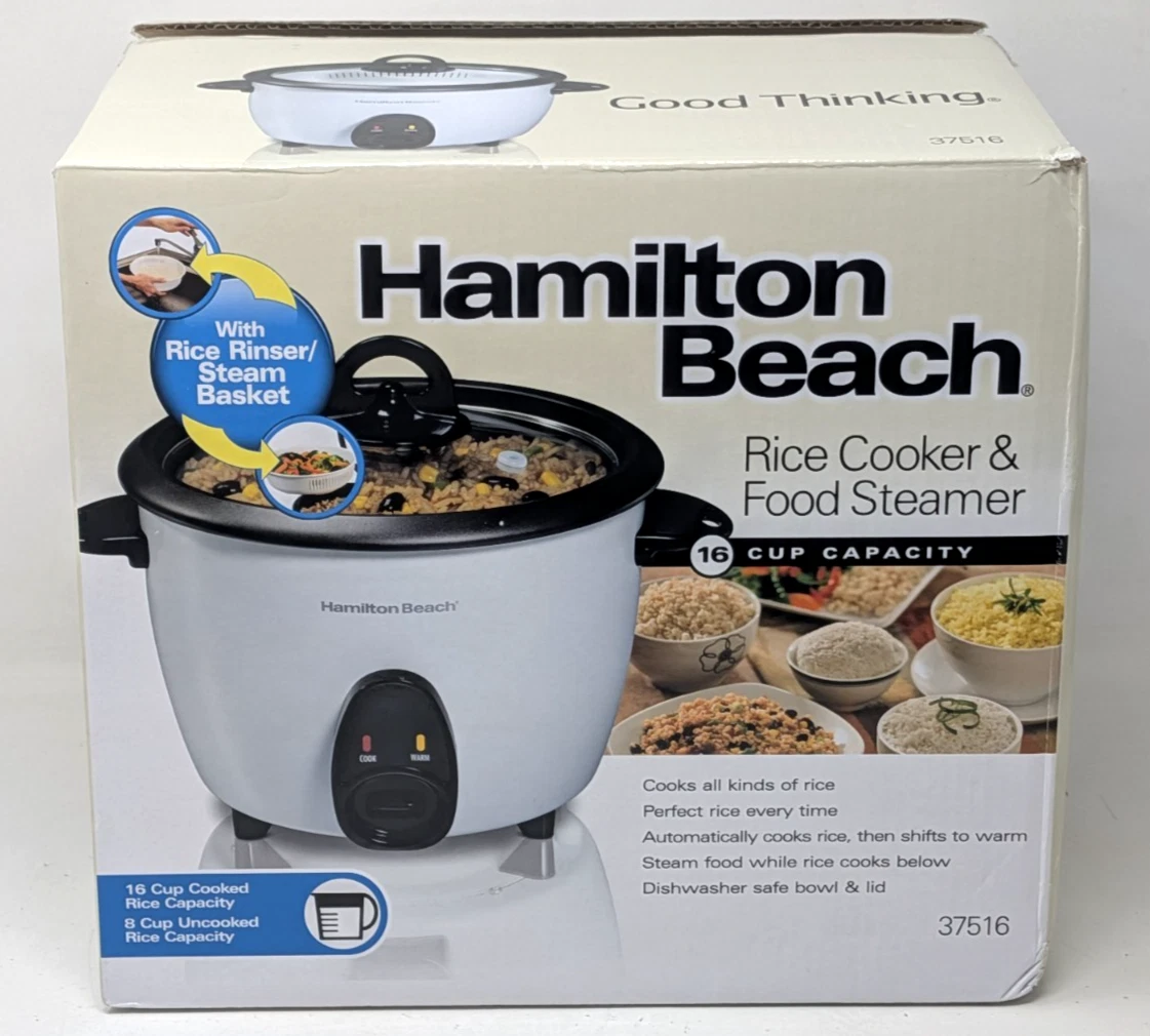 New Hamilton Beach Rice Cooker & Food Steamer 16 Cup 37516 Rinser Steam Basket