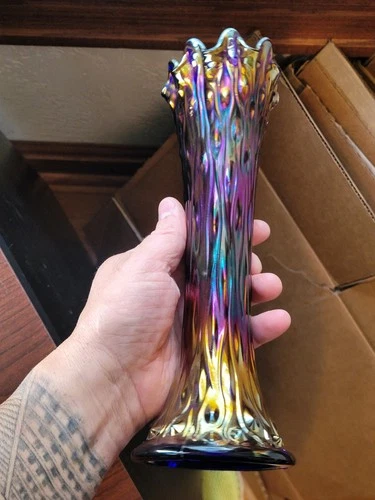 Pretty Dark Blue Northwood Carnival Glass Standard Size Tree Trunk Vase