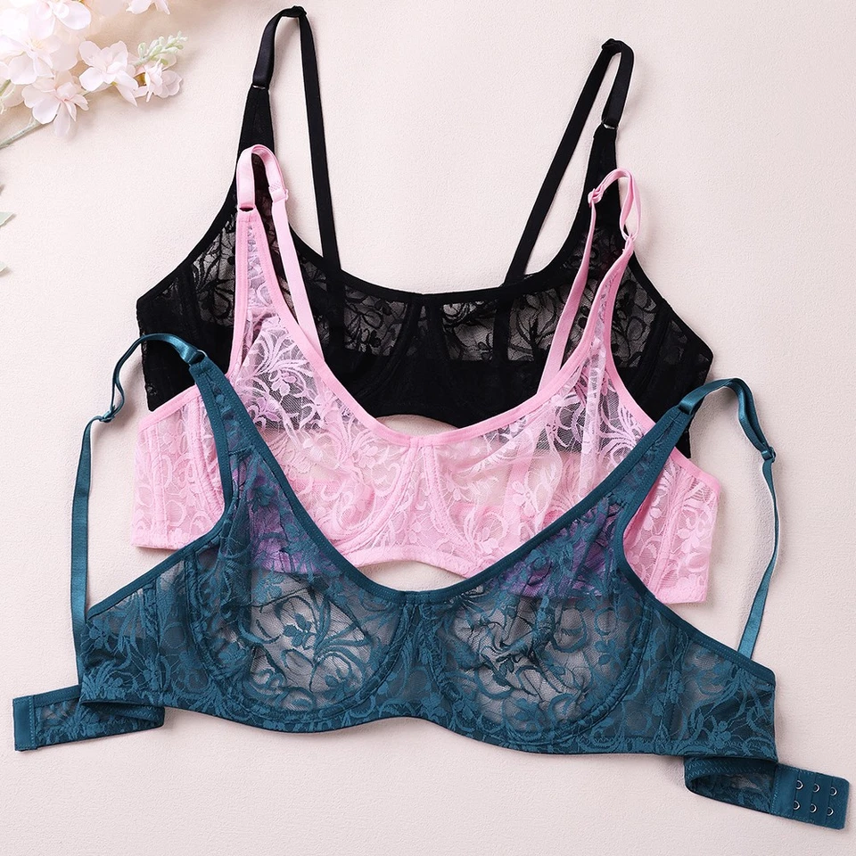 3Pcs Bras Women Bras Lace Sheer Brassiere Underwired Bra Sissy Sexy Lingerie BH - Image 4 of 4