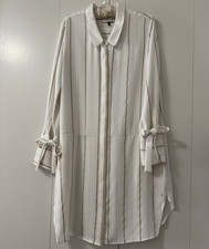 Halston Heritage Ivory/Beige Striped Collared Button Shirt Dress Tie Cuffs 8