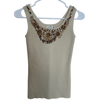 Y2K VTG Cache Beaded Tank Top Cream Ribbed Knit Sleeveless Embellished Women's S