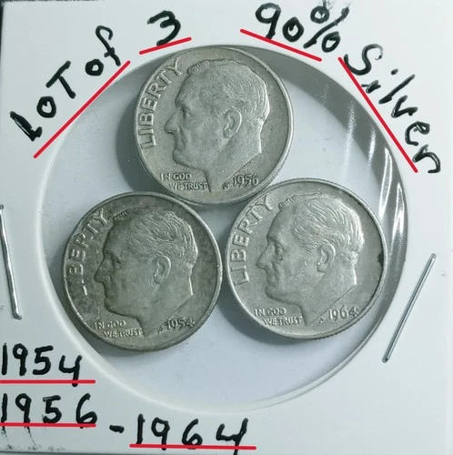 Lot of 3 Roosevelt Dimes1954- 1956-1964 90% Silver VG Condition Look & Judge GEM