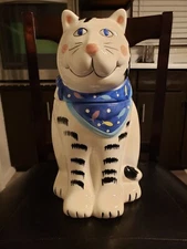  Cat Cookie Jar Coco Dowley Black & White Stripped Large Vintage