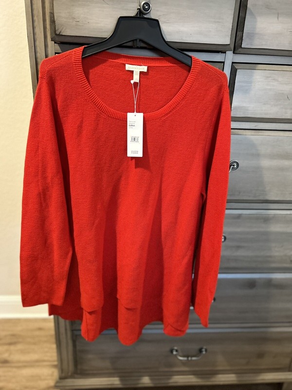 Eileen Fisher Peruvian Organic Cotton Red (Lava) Round Neck Tunic L NWT $238