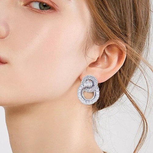 Mujeres Niñas Pendientes Plateados Doble Aro Tachuela Circón Joyería Aniversario - Imagen 5 de 11