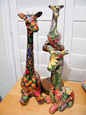 FAMILY OF THREE  glossy MULTI COLOR FLORAL  ceramic GIRAFFES 16''-11''-7''