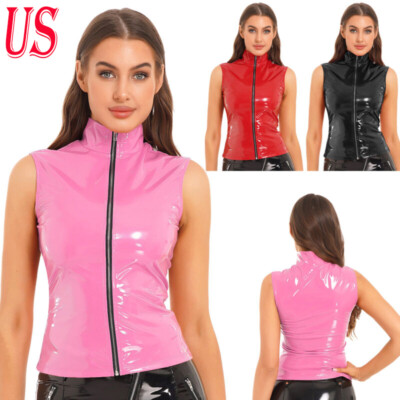 US Women Tops Tee Jacket PVC Vest Performance Tank Night Club Cami Fashion Shirt