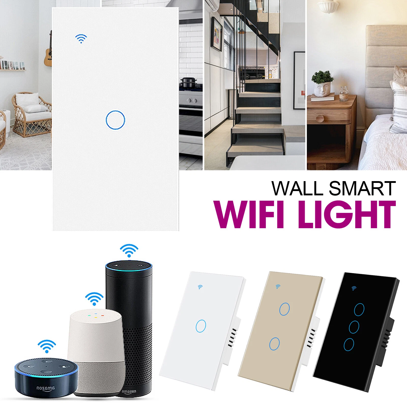WiFi Smart Wall Touch Light Switch Glass Panel for Alexa Google 1 2 3 Gang