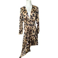 PrettyLittleThing Leopard Satin Asymmetrical Wrap Long Sleeve Dress Size 6  NWT