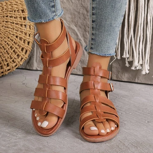Women Sandals Flats Heels Gladiator Holiday Summer Walks Zip Buckle Shoes Roman - Picture 4 of 11